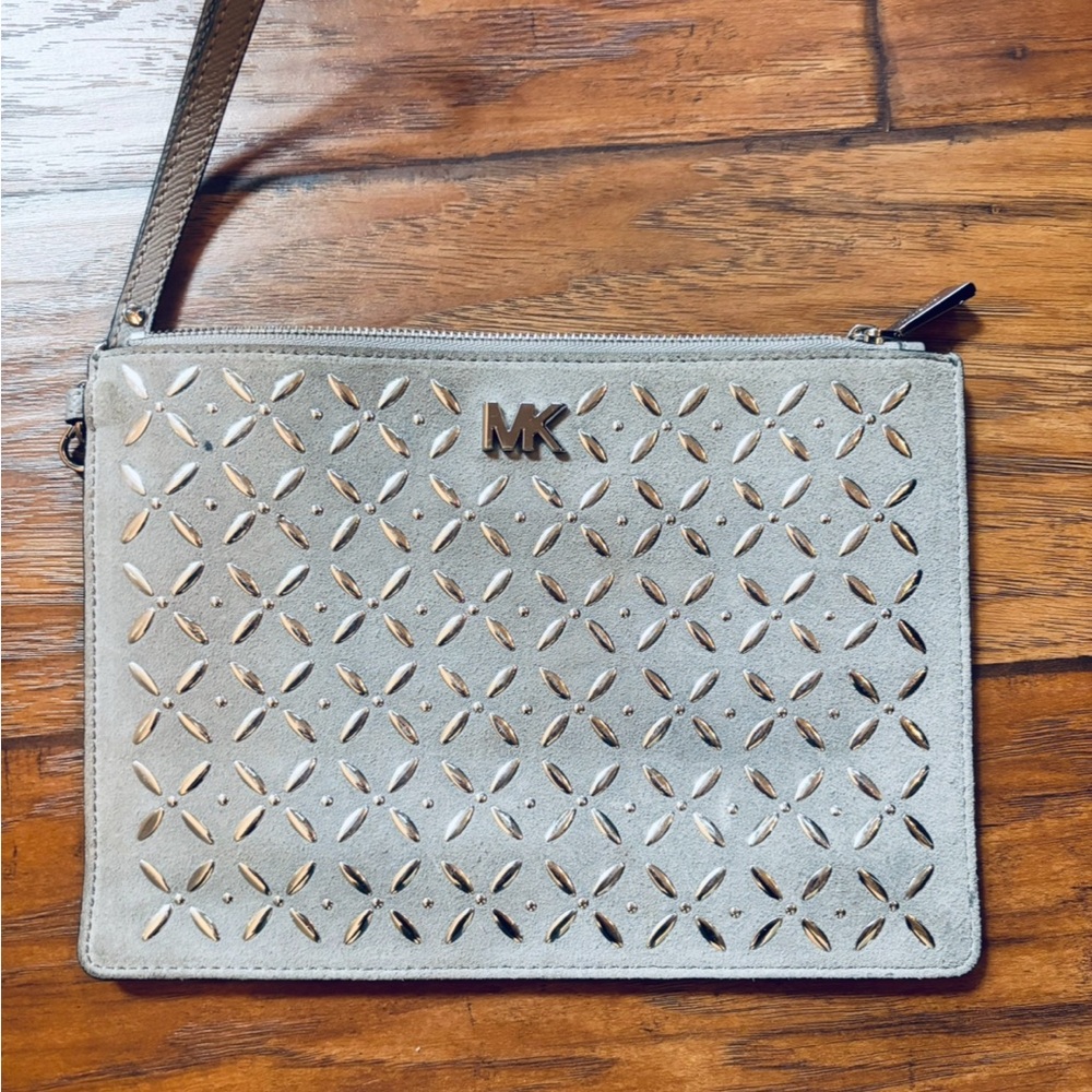 Michael Kors Grey Suede Laser Cut Wristlet Clutch | MK Logo